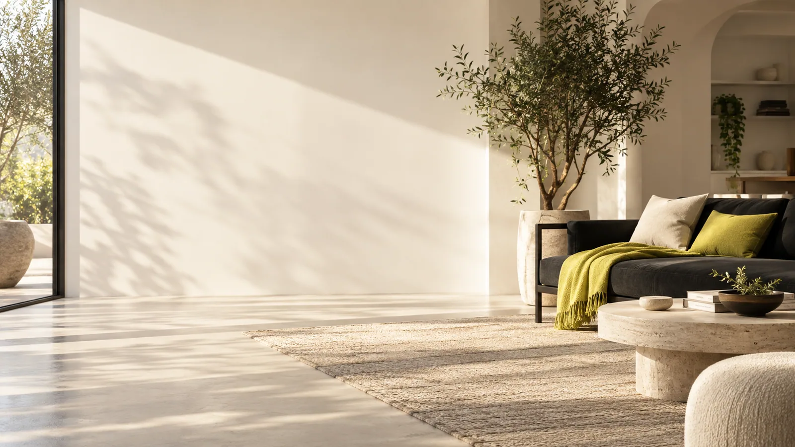 Calm contemporary living room in warm ivory and lime